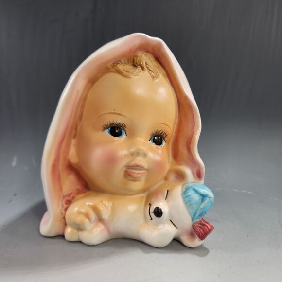 Enesco Baby Head Vase Teddy Bear Pink 1960 Big Eyes Porcelain Planter Kitsch VTG - Picture 1 of 10
